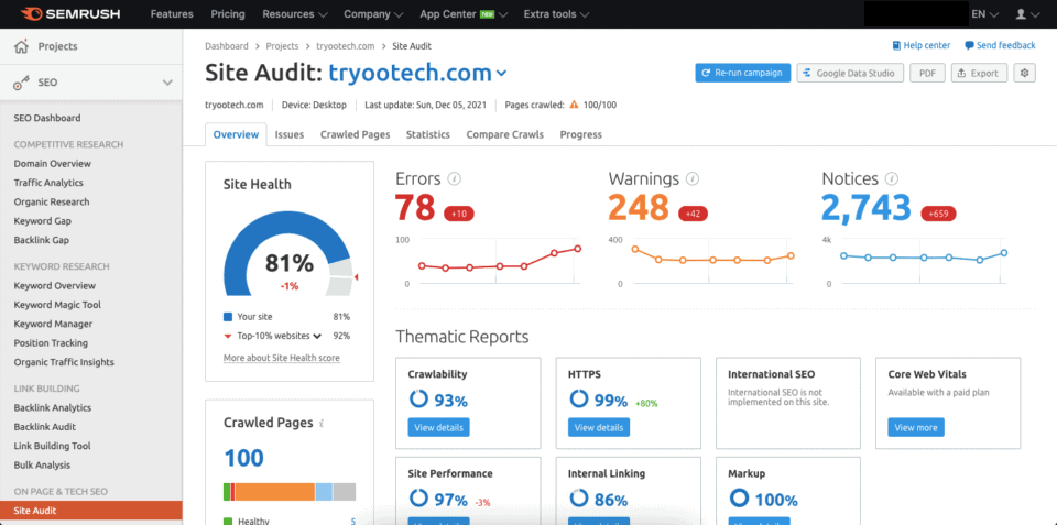 semrush site audit