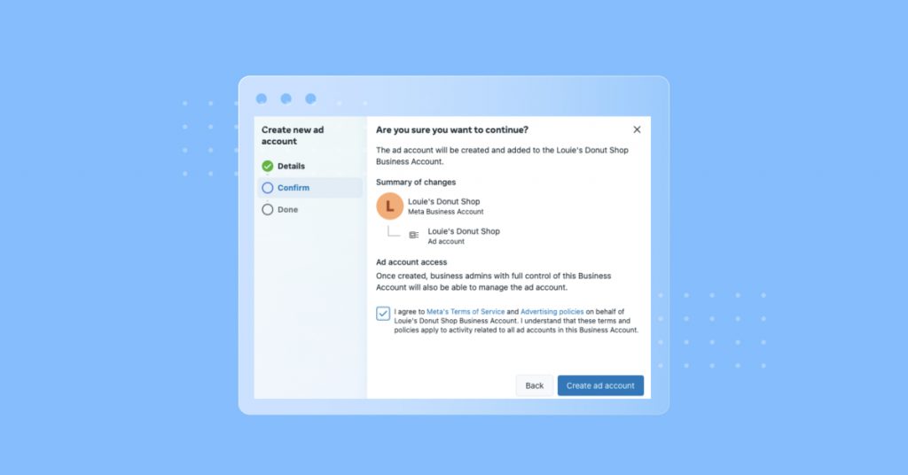 Fereastra de confirmare a contului Facebook Business Manager Create Ad