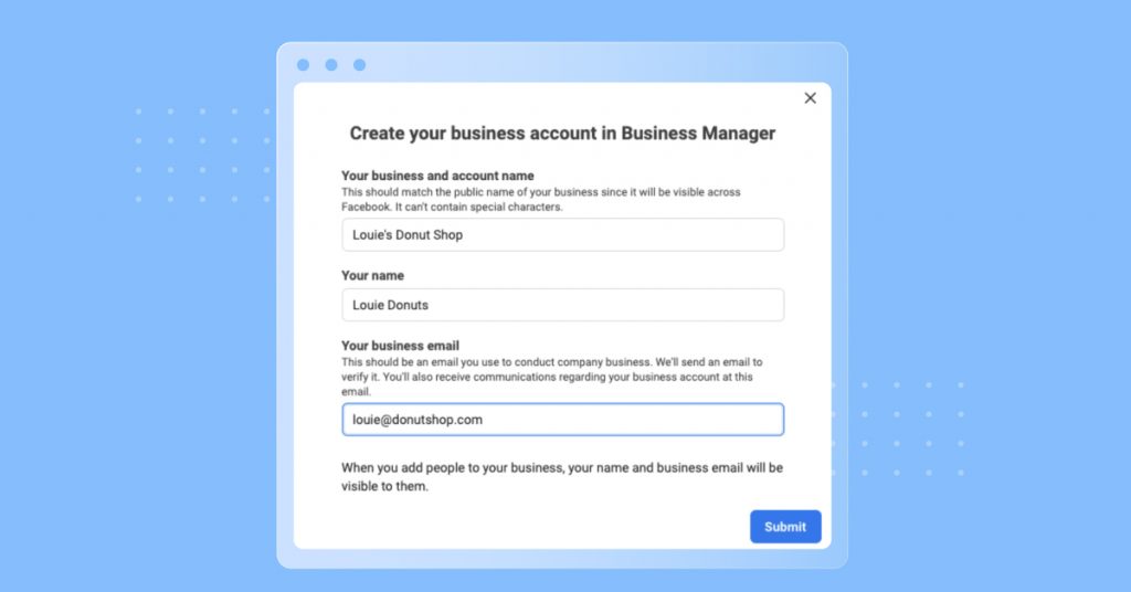 Fenêtre Compte professionnel Facebook Business Manager