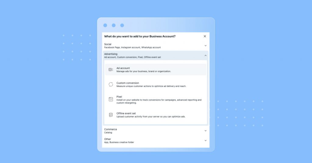 نافذة Facebook Business Manager إضافة حساب تجاري