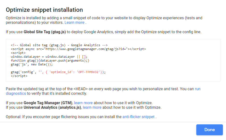 Google Optimize Snippet