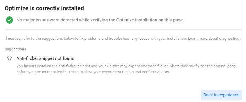 Confirmation d'installation de Google Optimize