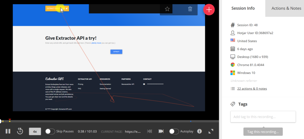 Extractor การบันทึกหน้าจอ Hotjar