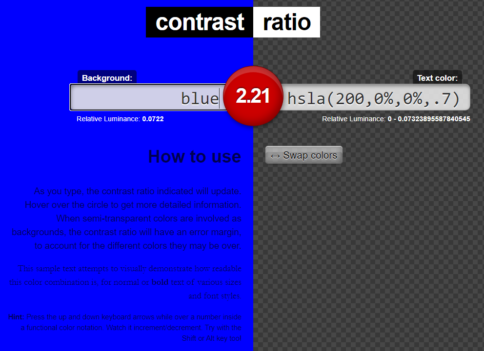 Captura de tela do aplicativo de proporção de contraste