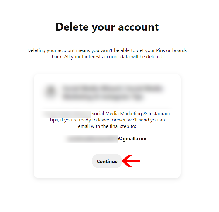 Ostatni krok usuwania konta Pinterest z komputera