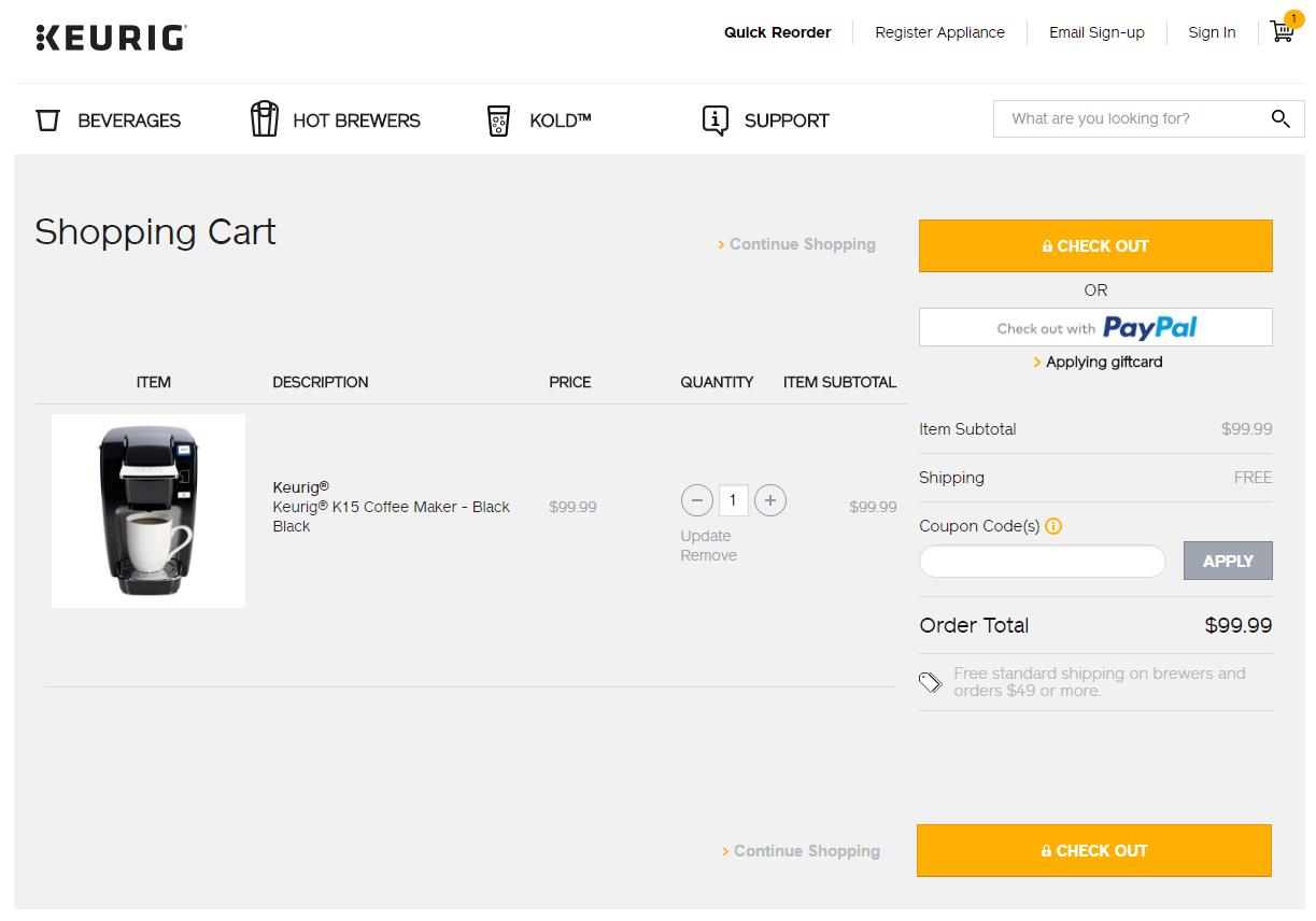 18 Keurig cart page contains the free shipping message - Cart Abandonment - Definitive Guide