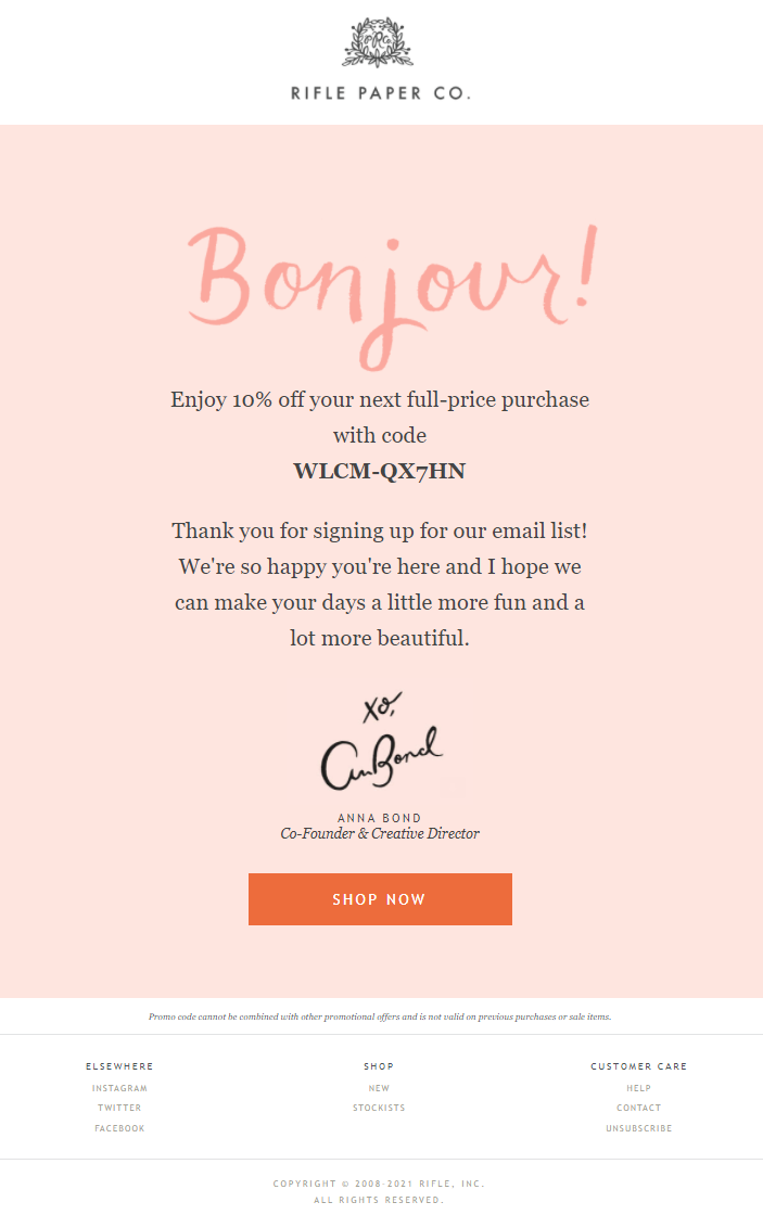 Rifle Paper Co welcome email - 9 Tips on How to Reduce Your Bounce Rate and Improve Your Sales