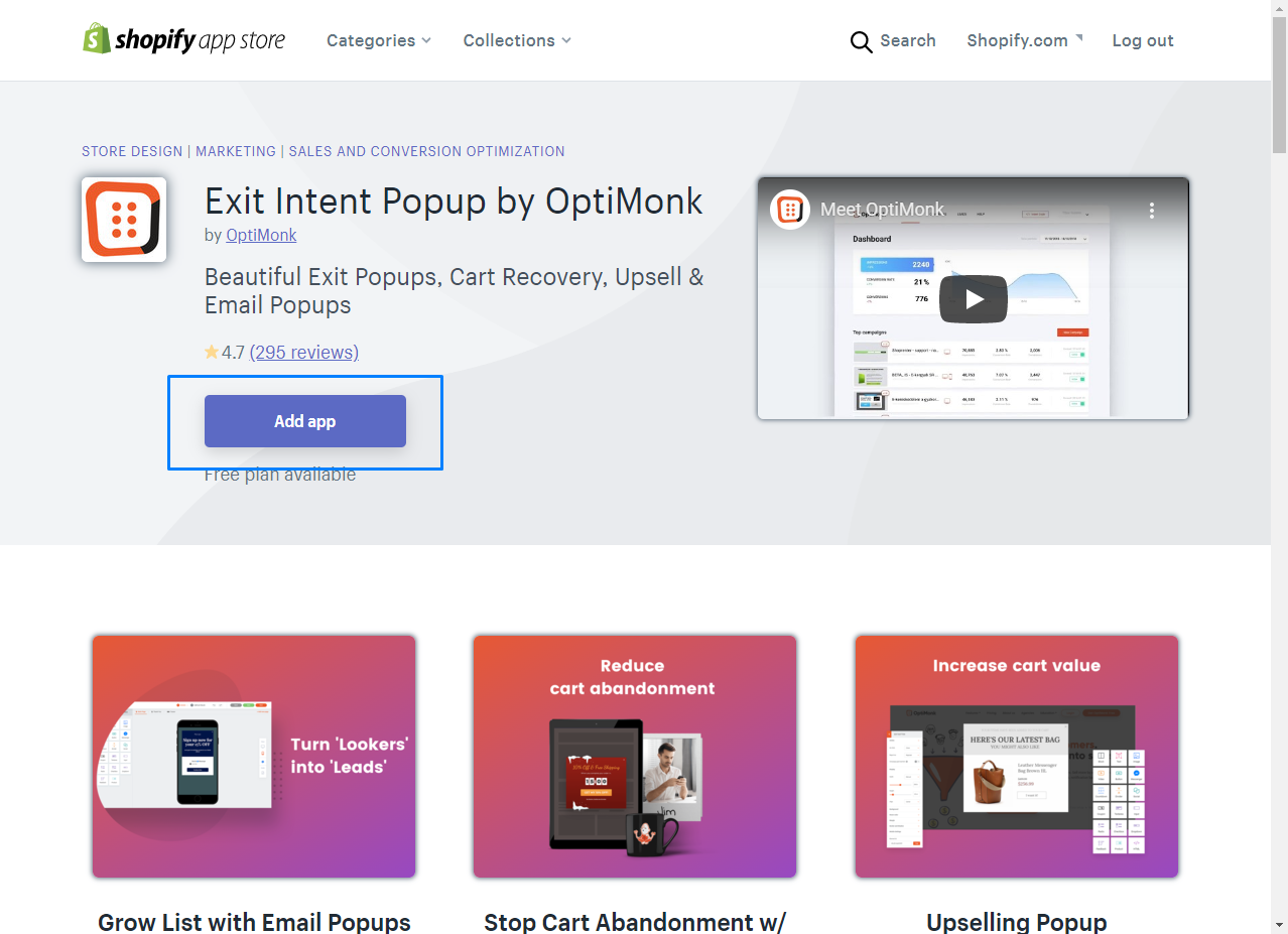 OptiMonk app in the Shopify app store - 10 Shopify Popups to Grow Your Revenue & Email Subscribers