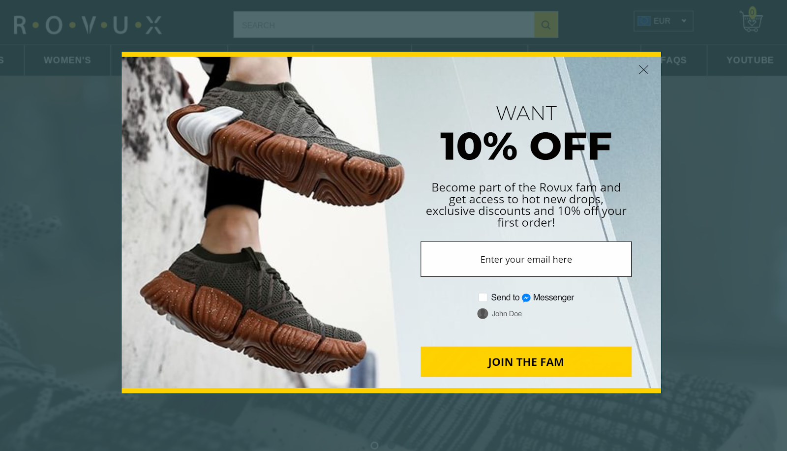 ROVUX footwear email popup shopify - 10 Shopify Popups to Grow Your Revenue & Email Subscribers