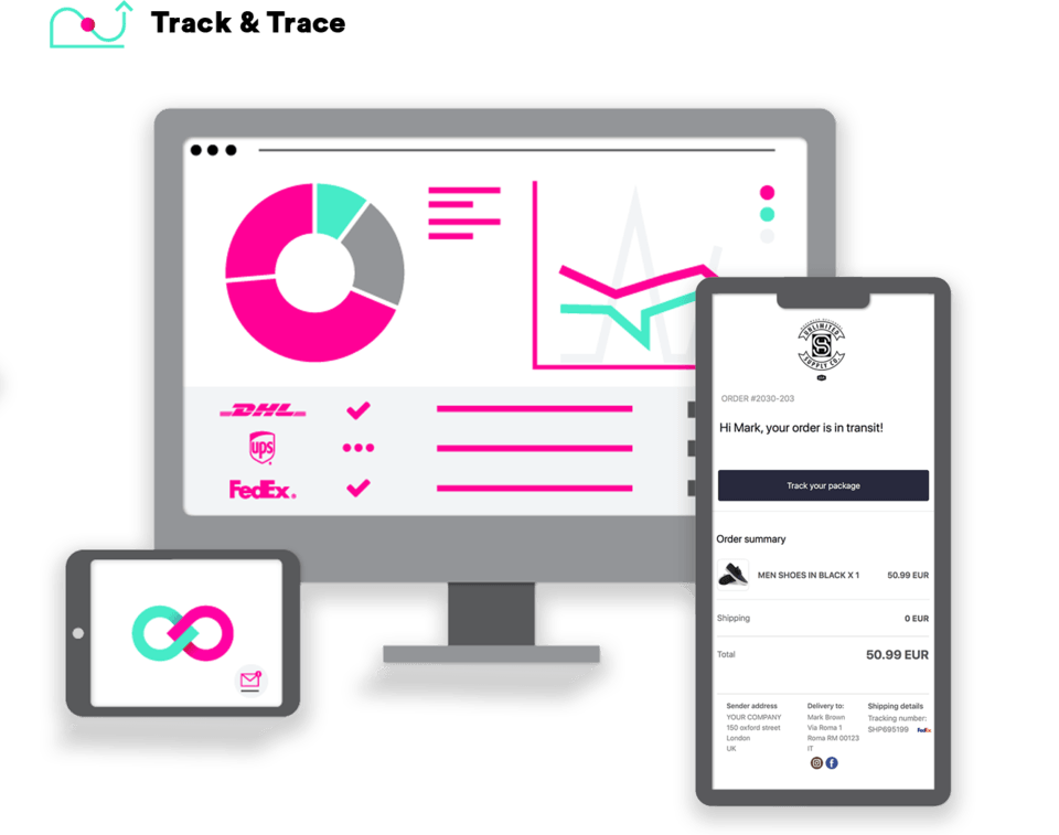 ShippyPro Track&Trace hilft Ihnen, die volle Kontrolle über Ihre Sendungen in einem einzigen Dashboard zu haben, die Tracking-Seite und Transaktions-E-Mails und Tracking-Benachrichtigungen zu personalisieren