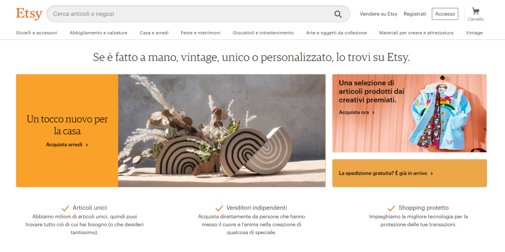 Etsy è il Marketplace giusto per vendere online in Italia se vendi abiti e gioielli fatti a mano