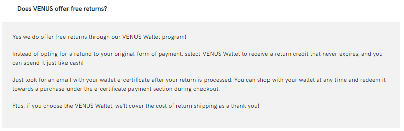 스토어 크레딧으로 무료 반품 배송을 제공하는 Venus Wallet 프로그램