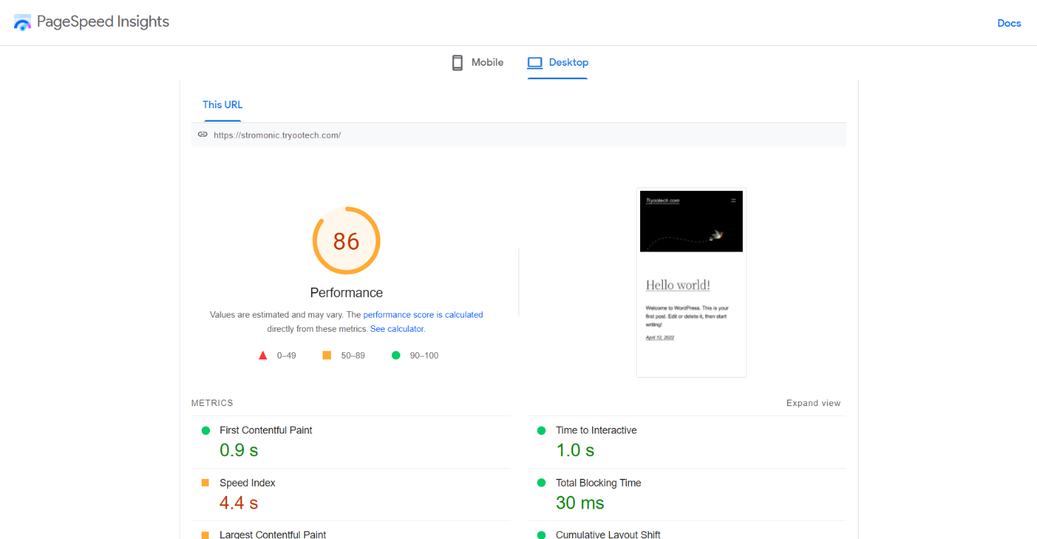 Stromonic speed test Pagespeed insights