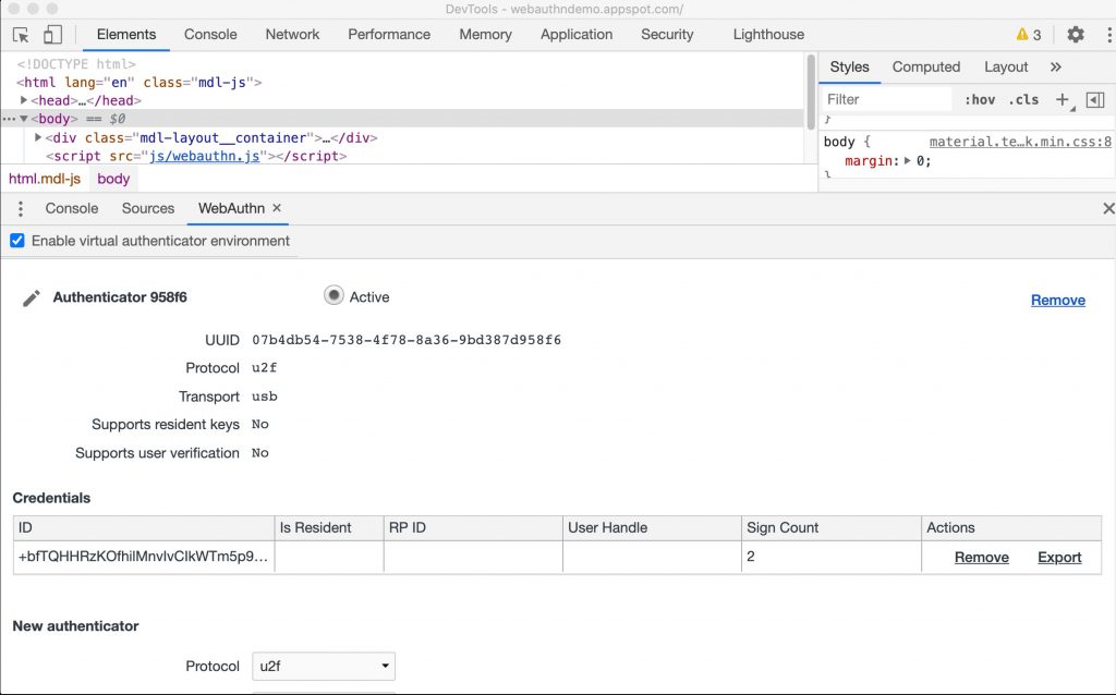 New WebAuthn tab in Chrome DevTools | Incpector WebAuthn