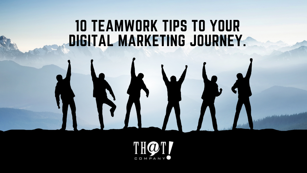 Digital Marketing Teamwork | Silhouette of 5 People Raising Their Hands As A Sign of Success. 