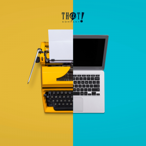 Manual vs. Advanced | Half Image of A Typewriter While The Other Half Is a Laptop