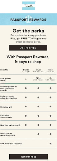 5 Möglichkeiten, die Kundenbindung mit E-Mail- und SMS-Marketing zu erhöhen – Screenshot von TOMS Pass-Prämien mit dem Text „Holen Sie sich die Vorteile“