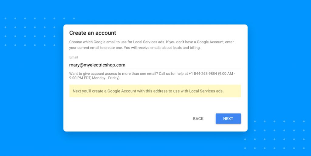 Google ローカル サービス広告のアカウント作成ウィンドウの画像