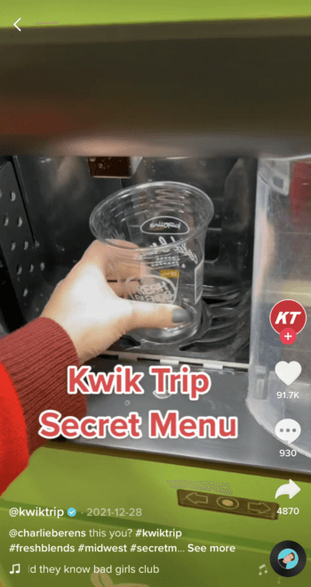 Uno dei video TikTok più visti di Kwik Trip è uno sguardo al menu segreto del minimarket.