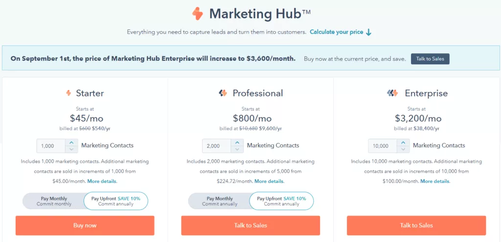 HubSpot 的定价结构