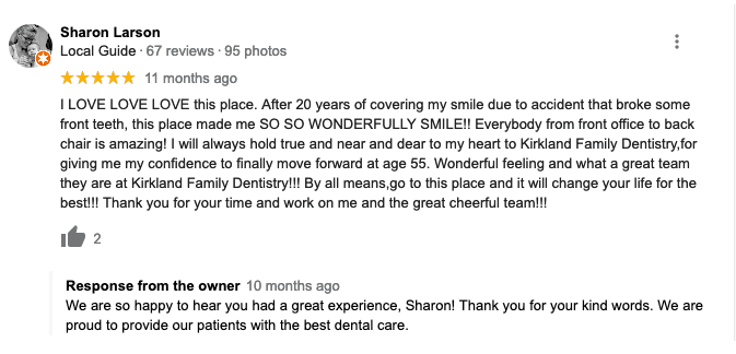 risposta di recensione positiva allo studio dentistico