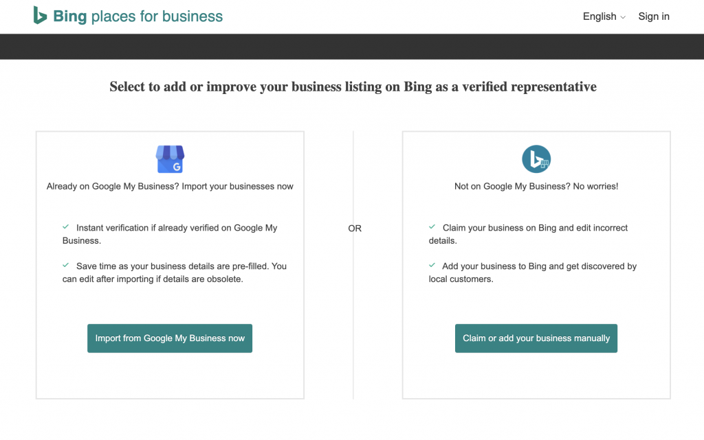 Imagine a tabloului de bord Bing Places for Business pentru a adăuga sau a îmbunătăți înregistrarea companiei dvs