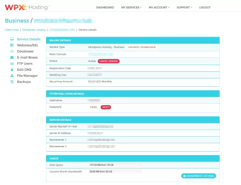 Hébergement WPX - Interface utilisateur