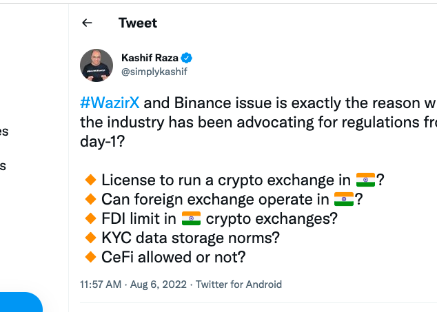 Kashif Raza 在 WazirX 上发推文