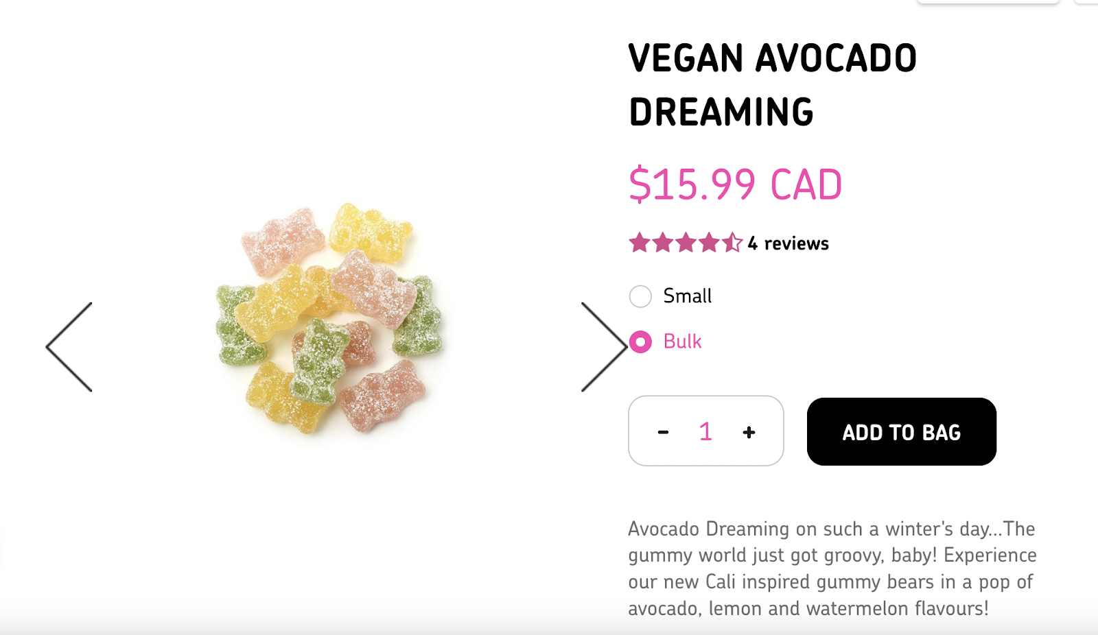 En iyi 5 tavsiye programı örneği – Squish'in Vegan Avocado Dreaming ürün sayfasından bir ekran görüntüsü. Turuncu, sarı ve yeşil sakızlı ayıların bir fotoğrafını gösterir.