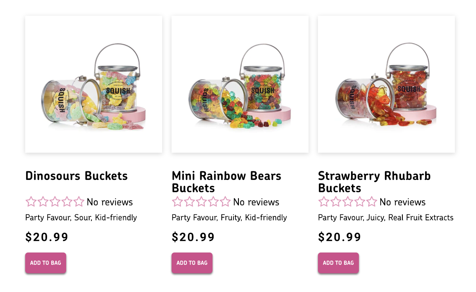 En iyi 5 tavsiye programı örneği– Dinosours Buckets, Mini Rainbow Bears Buckets ve Strawberry Rhubarb Buckets dahil olmak üzere çeşitli Squish ürünlerini gösteren bir ekran görüntüsü.