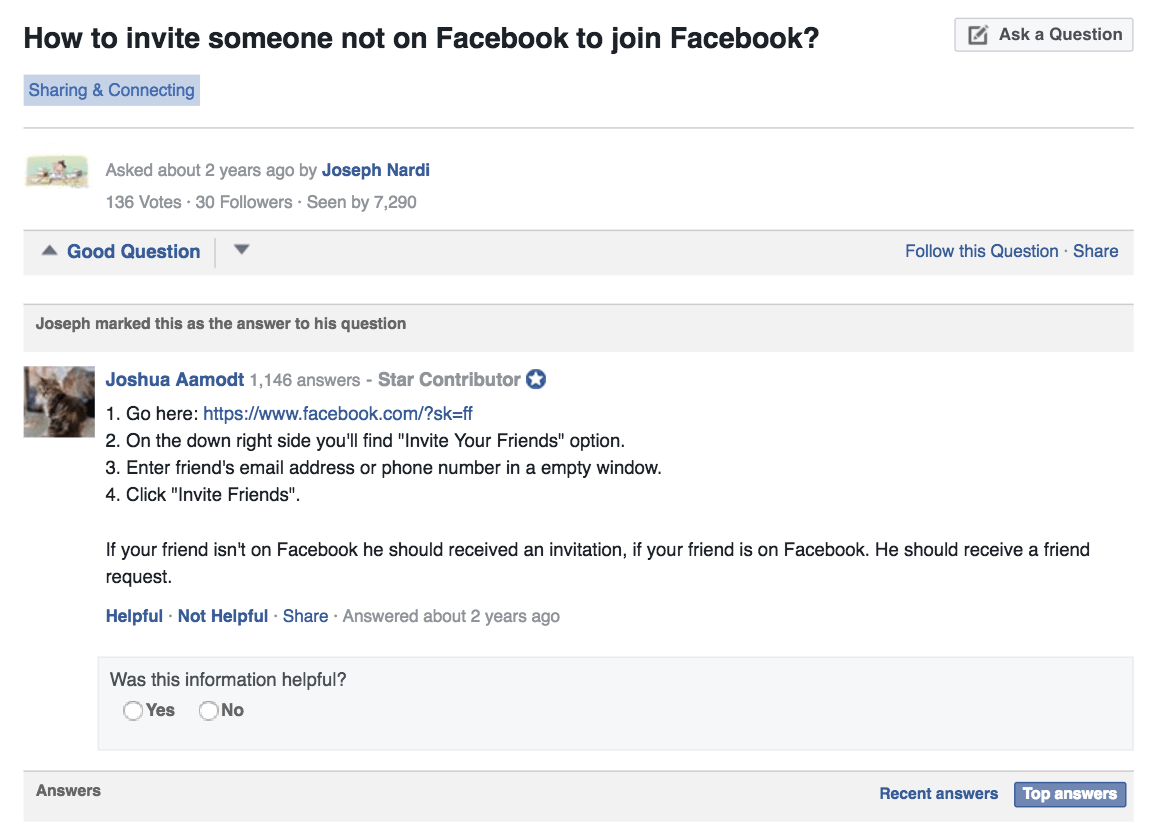 Facebook forums explain how to refer a new friend to facebook5 best referral program examples–A screenshot of a Facebook forum titled, “How to invite someone not on Facebook to join Facebook?” 