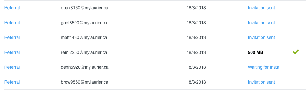 Dropbox's referral program allows you to track the status of your referrals5 best referral program examples–A screenshot showing a Dropbox user’s sent referrals and the status of each of them. 