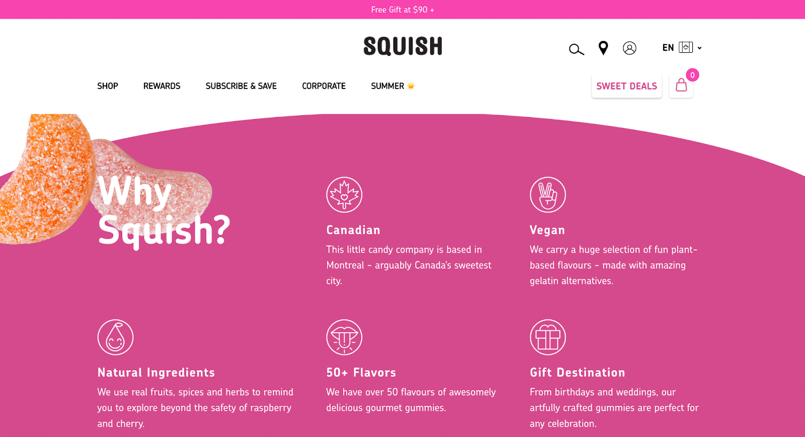 En iyi 5 tavsiye programı örneği–Squish'in ana sayfasının "Neden Squish?" yazan bir ekran görüntüsü. Kanada, vegan, doğal içerikler, 50'den fazla lezzet ve hediye hedefi dahil olmak üzere 5 avantajı listeler.