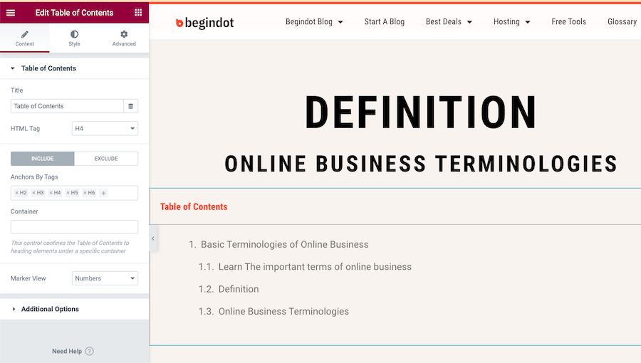 Tabla de contenido de Elementor