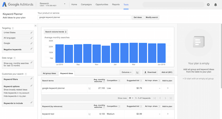 Strumento di pianificazione delle parole chiave di Google