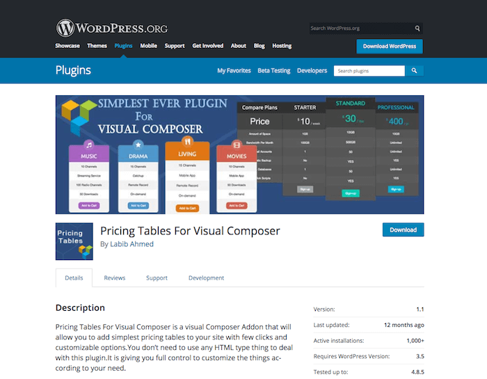 Tablas de precios para Visual Composer