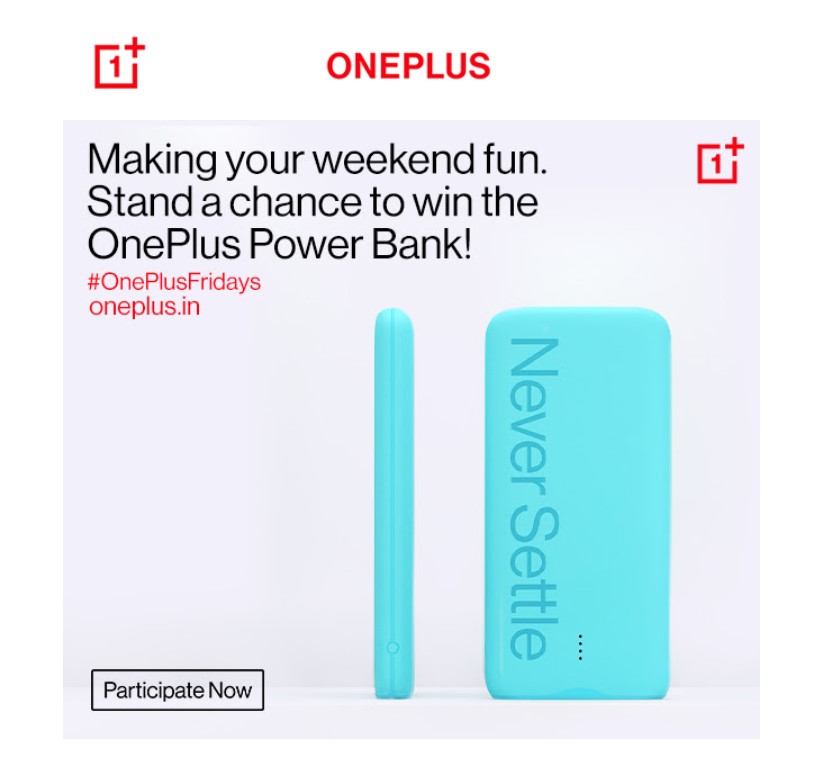 OnePlus 广告，带有浅蓝色手机，封面上写着 Never Settle 字样。