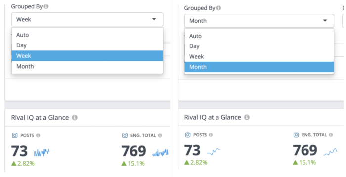 Le opzioni personalizzate del dashboard per i grafici sparkline includono la possibilità di raggruppare per giorno, settimana o mese