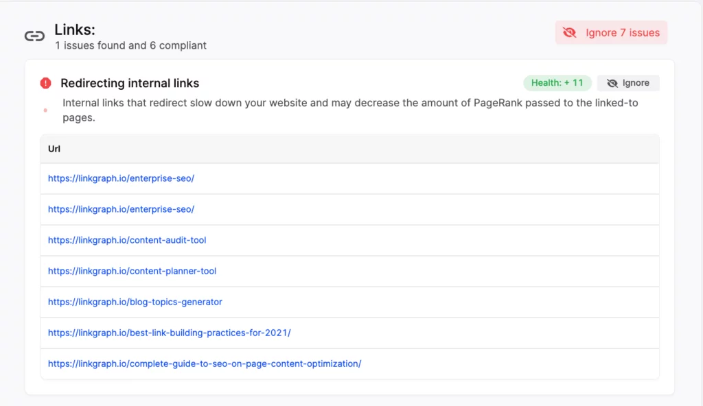 capture d'écran des liens internes avec redirections dans l'auditeur du site searchatlas