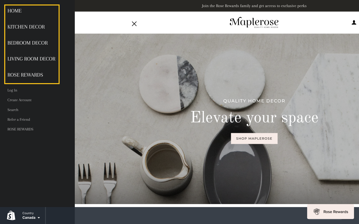 E コマース SEO の改善 – メイン メニュー ナビゲーションとさまざまなページ (ホーム、キッチンの装飾、ベッドルームの装飾、リビング ルームの装飾、Rose Rewards) を示す Maplerose のホームページのスクリーンショット。