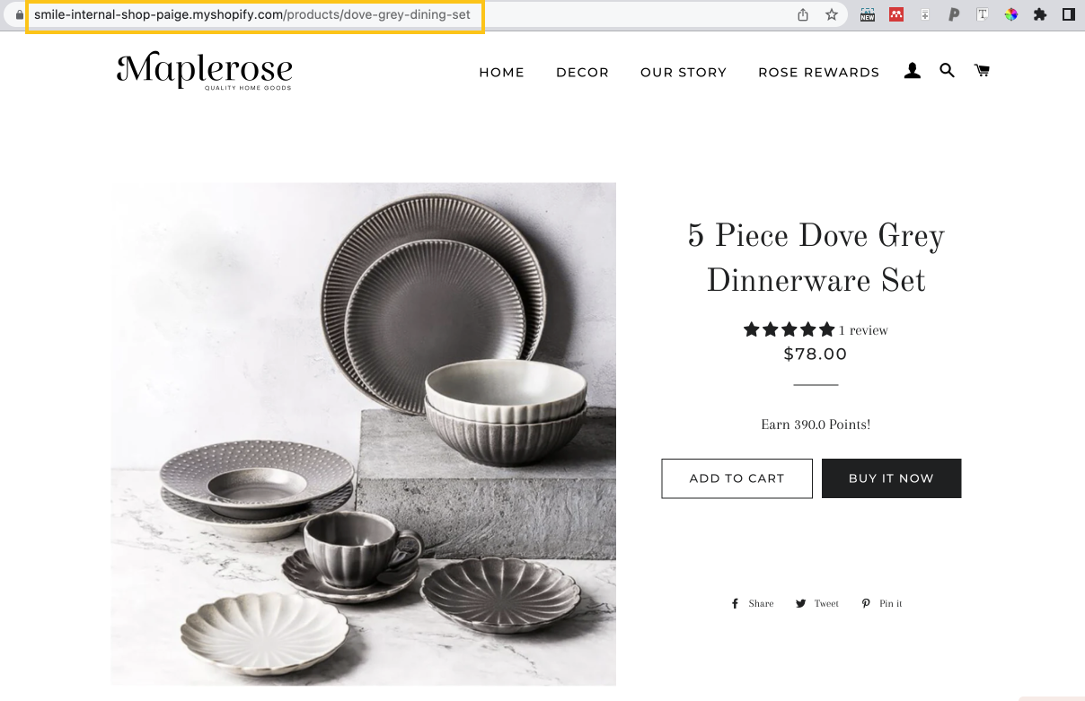 Melhore o SEO de comércio eletrônico – Uma captura de tela da página de produto da Maplerose para o conjunto de 5 peças Dove Grey Dinnerwear e o URL correspondente, que diz: “https://smile-internal-shop-paige.myshopify.com/products/dove-grey-dining- definir".