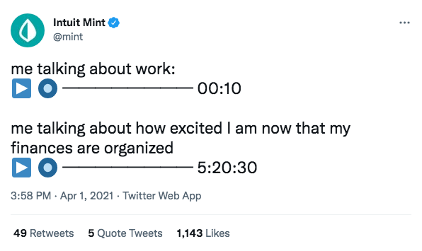 L'app di servizi finanziari Mint ha ottenuto un elevato coinvolgimento per un tweet in stile meme.