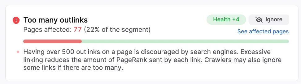 captura de tela do problema de muitos outlinks no relatório de auditoria do site searchatlas