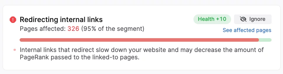 captura de tela de links internos com redirecionamentos no relatório de auditoria do site searchatlas