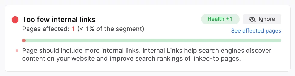 captura de tela do problema de poucos links internos no auditor do site searchatlas