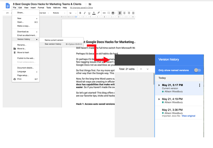 Google Doc Hacks: バージョン履歴を見る