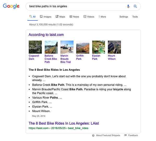 Google Arama Örneği: Los Angeles'taki En İyi Bisiklet Gezileri