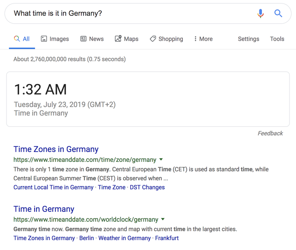 Contoh Fitur SERP Google untuk "Jam berapa sekarang di Jerman?"