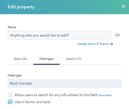 Marca para permitir que un campo de HubSpot se use en formularios