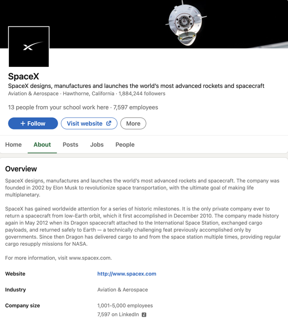 Ejemplo de página de empresa de Linkedin